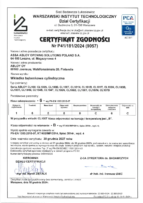 PL ABLOY Cert 2024 seria CL100_ CL100N CL100B CL100T CL101N CL101B CL101T CL103N CL103B CL103T CL104N CL104B CL104T CL106N CL106B CL106T CL107N CL107B